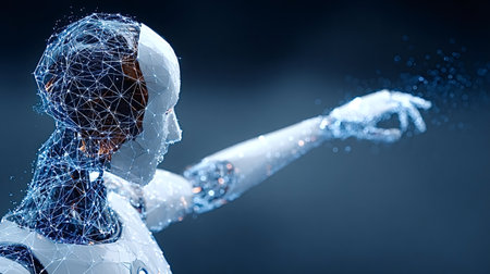 Artificial intelligence robot with glowing hand showing digital data network connectivity, depicting advanced human machine interaction and futuristic technology conceptsの写真素材