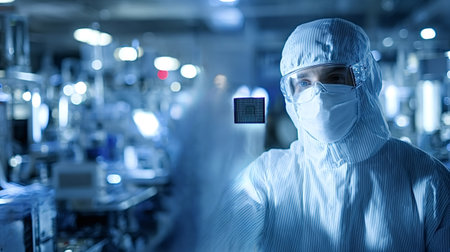 Engineer wearing a protective suit, mask, and safety glasses working in a high tech cleanroom for semiconductor wafer fabrication, holding a microchipの写真素材