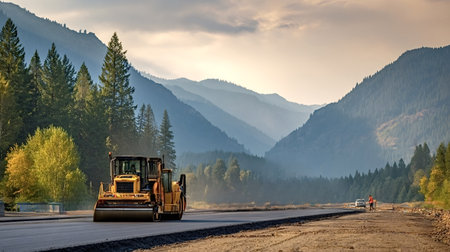 Steamroller compressing newly laid asphalt for a highway extension, workers overseeing the process with majestic pine covered mountains and serene valleys forming the backgroundの写真素材