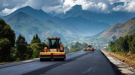 Graded asphalt surface with a team of road rollers, excavators, and dump trucks working on construction of a new highway, extending infrastructure through a mountainous valleyの写真素材
