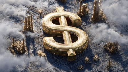 Golden dollar symbol towering over a polluted industrial landscape of factories, pipelines and smoke, symbolizing profit driven industry, fossil fuels and environmental harmの写真素材