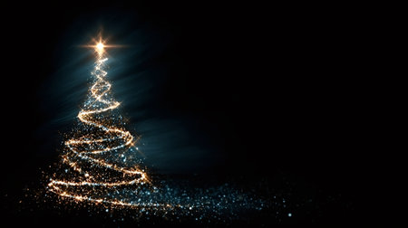 Glowing christmas tree of spiraling light particles rising to a bright star on a dark background, evoking festive magic, winter joy and elegant holiday celebration ambianceの写真素材