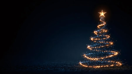 Christmas tree glowing with sparkling golden and blue lights and shining star on top against a dark background, creating an abstract and festive winter holiday celebration sceneの写真素材
