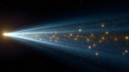 Cosmic light rays stream from a bright point in deep dark space, illuminating a field of gold and...
