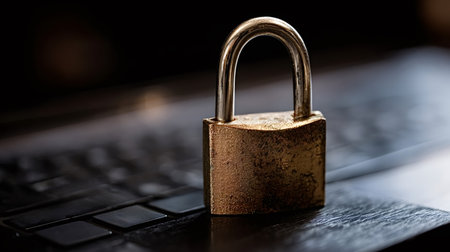 Padlock securely resting on a laptop keyboard, symbolizing strong cybersecurity measures, data protection, privacy, and online safety for digital information and personal dataの写真素材