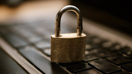 Padlock standing on a laptop keyboard symbolizing data protection, digital privacy, internet security, and online information safety, illustrating concepts of secure networks and confidential accessの写真素材