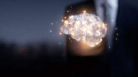 Business person presenting an illuminated digital brain hologram, symbolizing ai, machine learning, innovation, and futuristic technology in a dark and abstract environmentの写真素材
