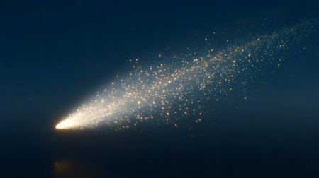 Brilliant golden particle streak arcs across a deep blue space, reflecting on a surface and evoking shooting stars, celebration, magic, and cosmic motion and sparkleの写真素材