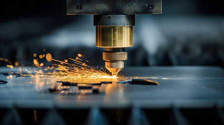 Laser cutting head precisely shaping steel sheet, vivid sparks flying as cnc automation sculpts...