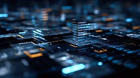 Digital circuit board featuring glowing lines and abstract code, representing data processing,...