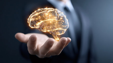 Businessman's hand presenting a glowing digital brain, symbolizing artificial intelligence,...