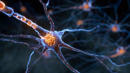 Neuron cells forming a complex network in the brain, showing active electrical impulses and signaling biochemical processes through dendrites and axonsの写真素材