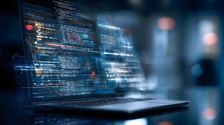 Laptop screen with overlapping code and glowing blue data streams, evoking advanced software...