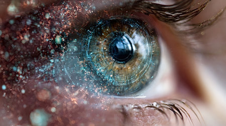 Human eye showing advanced bionic technology and artificial intelligence integration,...