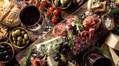 Rustic charcuterie board presenting cured meats, various cheeses, fresh olives, cherry tomatoes, and...