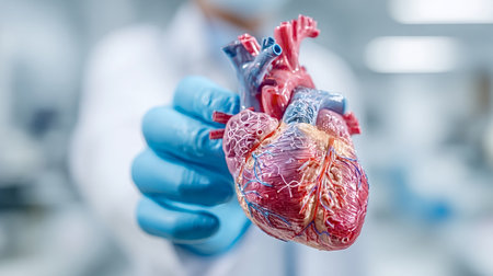 Gloved hand of a medical professional holding a detailed human heart anatomy model, representing cardiology, healthcare, and scientific study in a blurred lab settingの写真素材