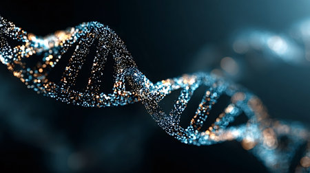 Dna molecule structure rendering with glowing particles forming a double helix, representing...
