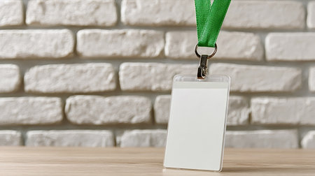 Blank white identification card with a vibrant green lanyard hanging from a metal clip, resting on a light wood surface against a cream brick wall, ready for custom branding or employee informationの写真素材