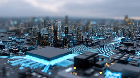 Modern urban skyline built on a computer circuit board with glowing blue data lines, symbolizing...