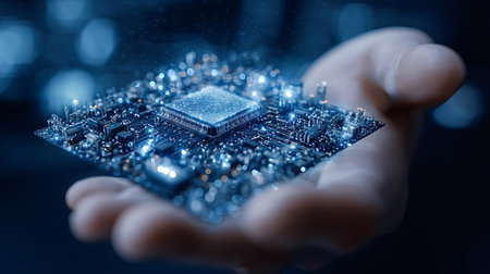 Hand holding a brightly glowing microchip and circuit board, illustrating concepts of innovation,...