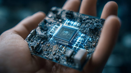 Human hand showing a detailed view of a futuristic blue circuit board with an illuminated central...