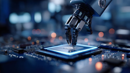 Robotic hand placing a microchip into a cpu socket on a printed circuit board, symbolizing...