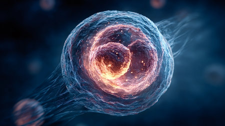 Human cell structure displaying a vibrant nucleus and cytoplasm, representing biological processes...