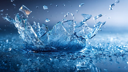 Broken glass shards and cool blue water splash upward into a dynamic crown like burst against a gradient blue background, evoking impact, fragmentation and liquid motionの写真素材