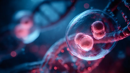 Microscopic cell replication in a biological environment showing dna strands in the background, representing scientific research, genetics, medicine, and advanced biotechnology conceptsの写真素材