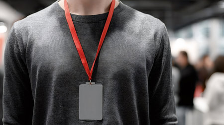Person attending a conference and wearing a customizable blank id badge with a red lanyard, providing ample space for name or event details against a blurred crowd backgroundの写真素材