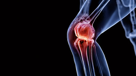 Human leg x ray showing an anatomical view of the knee joint with a highlighted red area representing chronic pain, arthritis, or inflammation in the skeletal structureの写真素材