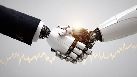 Human hand in a suit jacket shaking a robot arm, symbolizing a powerful collaboration and agreement in a futuristic business landscape with a financial graph underneathの写真素材