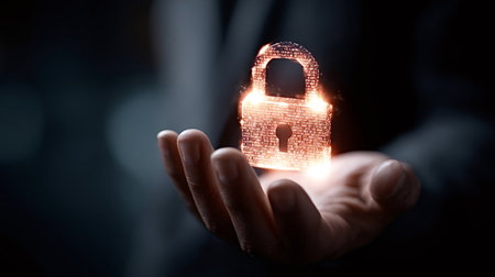 Human hand presenting a glowing digital padlock, symbolizing strong security, data privacy, and encryption in a technology driven environment, ensuring digital information protectionの写真素材