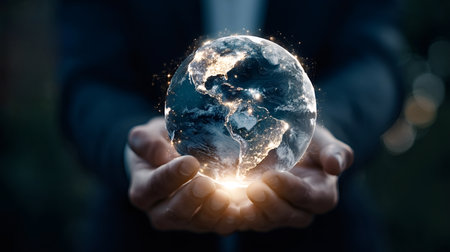 Hands cradling a glowing digital globe with lit cities and network lines, symbolizing global...