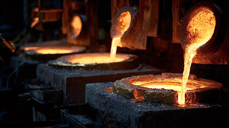 Molten metal is pouring from a crucible into hot sand molds, creating a glowing orange stream in a busy industrial foundry for metal casting and productionの写真素材