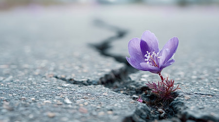 Purple flower emerging from a long crack in dark asphalt, symbolizing growth, strength, hope, and determination in overcoming adversity and challenging environmentsの写真素材