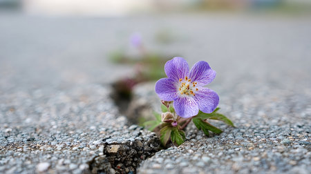 Purple blossom emerges from a cracked asphalt surface demonstrating powerful concepts of nature's resilience, perseverance, strength, new life, hope, and survival against adversityの写真素材