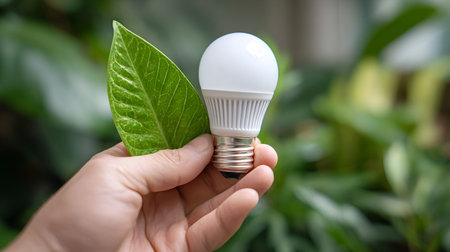 Hand holding a glowing led bulb cradling a fresh green leaf against a soft natural background, symbolizing eco friendly energy, sustainability and renewable solutionsの写真素材