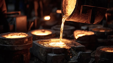 Molten metal pouring from a ladle into a sand cast mold, creating a stream of glowing liquid in a...