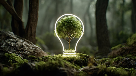 Light bulb outline illuminating a vibrant green tree immersed in a mossy forest floor, representing innovative concepts for renewable energy, environmental care, and sustainable developmentの写真素材