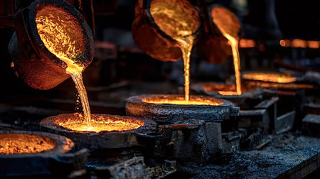 Molten metal pouring from ladles into casting molds, illustrating industrial metallurgy, precision manufacturing, and the intensive heat of a steelwork factory environmentの写真素材