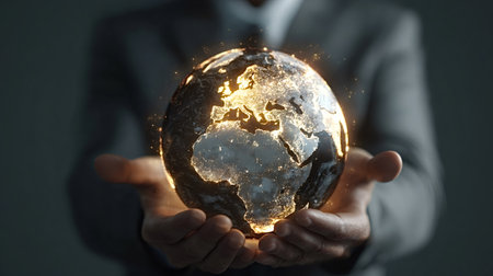 Businessman's hands holding a dark globe with illuminated continents, showing connection, responsibility, global business, future, growth, and sustainable developmentの写真素材