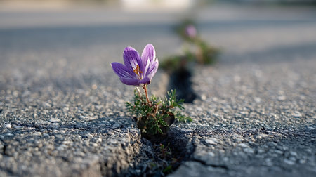 Purple crocus flower pushing through a crack in asphalt, symbolizing strength, perseverance, growth, determination, new life, hope, and the overcoming of adversity in an urban environmentの写真素材