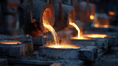 Orange hot molten iron streams from a large crucible into cast iron molds, illuminating a busy industrial setting and showing the metal casting process in a foundryの写真素材