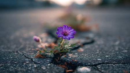 Purple blossom and green leaves pushing through a crack in dark asphalt pavement, symbolizing hope, perseverance, and strong natural growth in urban environmentの写真素材