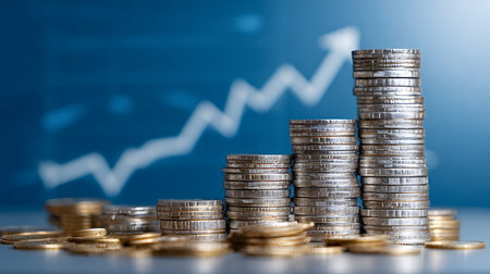 Stacks of gold and silver coins are progressively increasing in height with an upward trending...