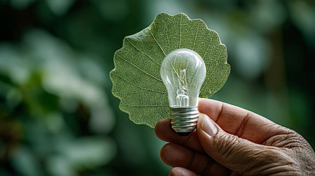 Hand holding a lightbulb in front of a green leaf, creating a visual metaphor for sustainable energy, eco friendly innovation, and environmental conservation conceptsの写真素材