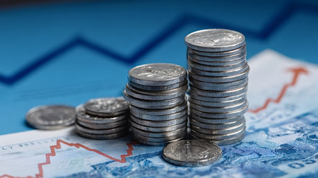 Stacks of silver coins increasing in height, representing accumulating wealth and upward trending financial markets on a background with a rising chartの写真素材