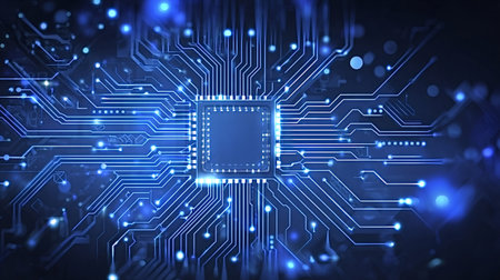 Central processing unit integrating into a glowing blue circuit board, representing advanced...