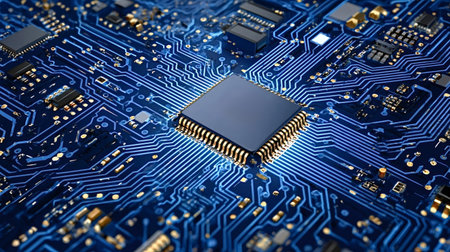 Central processing unit with glowing blue connections on a dark circuit board, representing advanced...